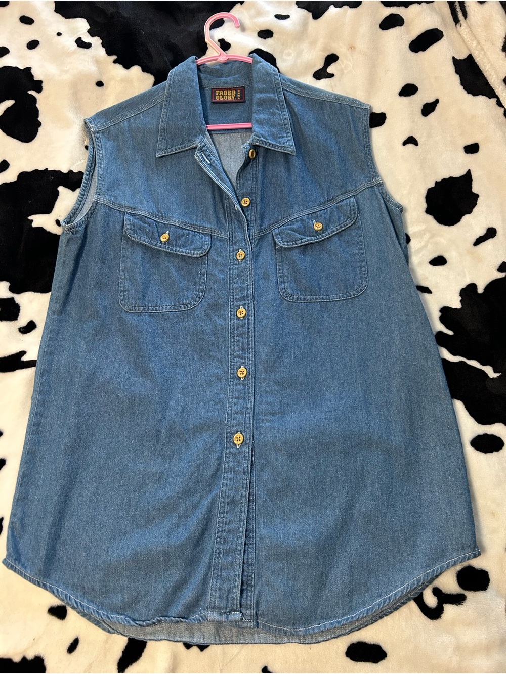 Vintage Faded Glory Sleeveless Denim Button-Front Shirt - Blue